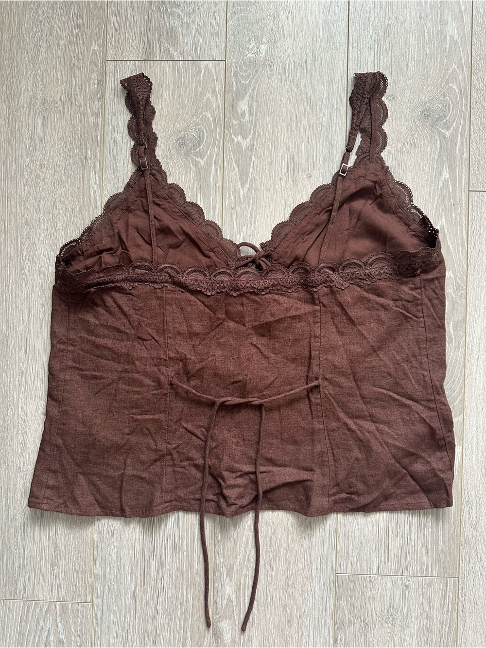 Abercrombie & Fitch Lace Trim Tie Front Top Tank Linen Blend Brown Sz XL NWT New - Picture 3 of 12